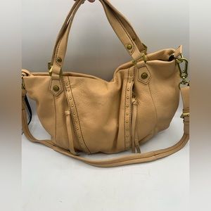 orYANY BEIGE TAN 100% LEATHER SHOULDER BAG WITH ZIPPERS & CROSSBODY STRAP